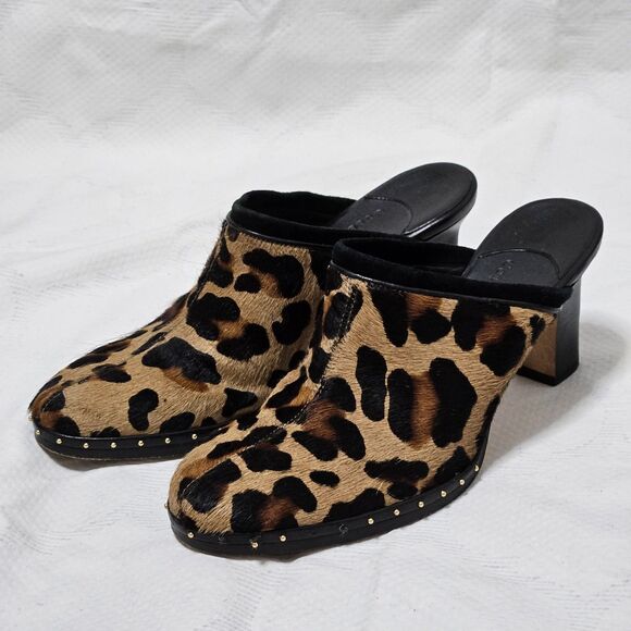 Cole Haan Leopard Print Calf Hair Mules Womens 6.5B Black Tan Block Heel Studded - Picture 1 of 8